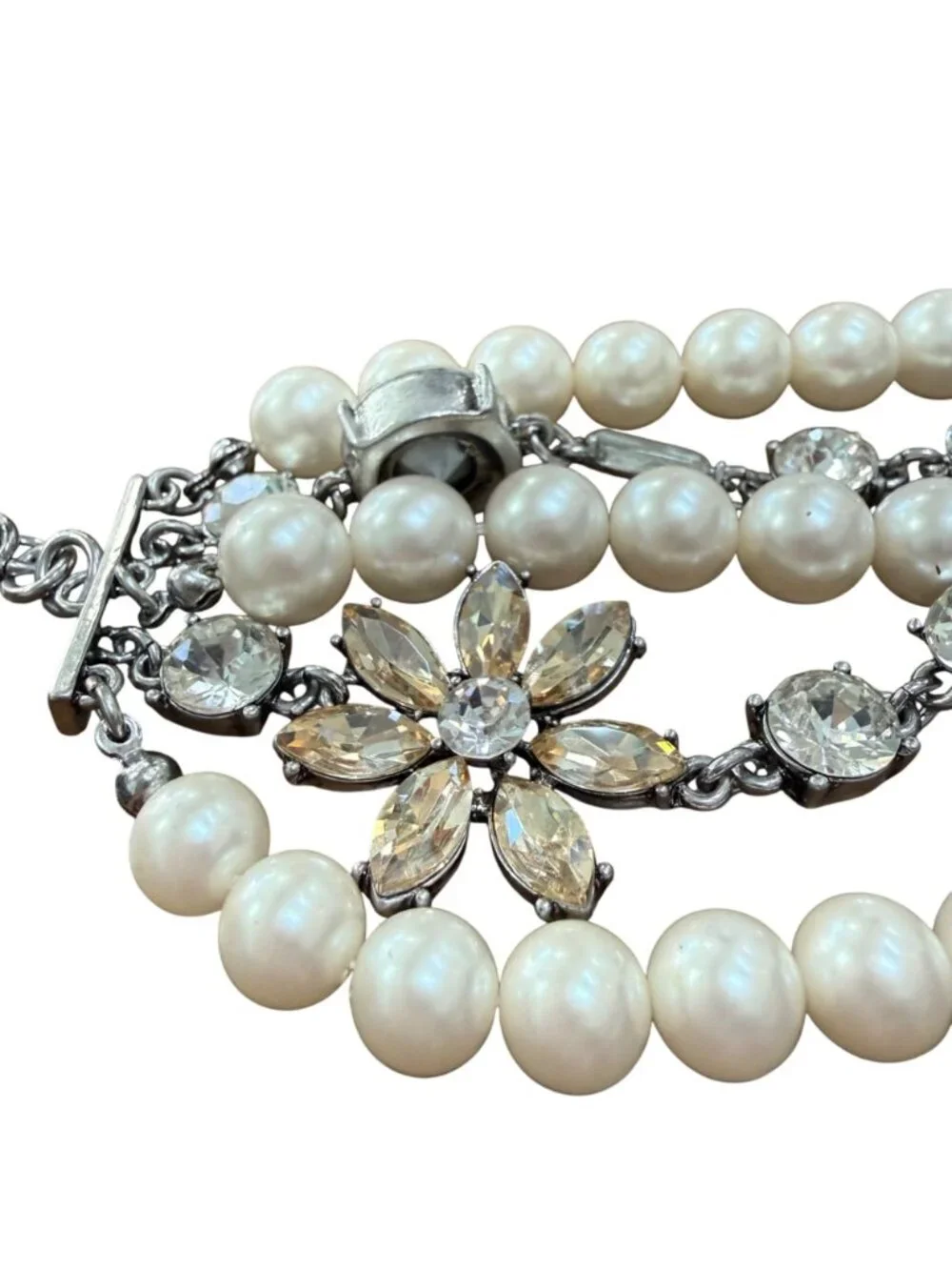 Ann Taylor Bracelet Faux Pearls Rhinestones Formal Silver Tone 7.5-8.5 inches